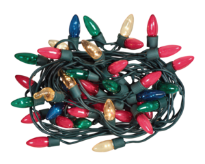 Colorful holiday light string with red, green, blue, and yellow bulbs tangled together, isolated on transparency background, festive and cheerful decoration for celebrations