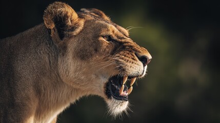 Naklejka premium Close-up Snarling Lioness with Fangs, Wildlife Drama in Side Lighting, Blurred Savannah Backdrop
