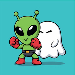 Clean and modern vector  alien boxing ghost cartoon vector illustration halloween spooky cute funny space extraterrestrial character design