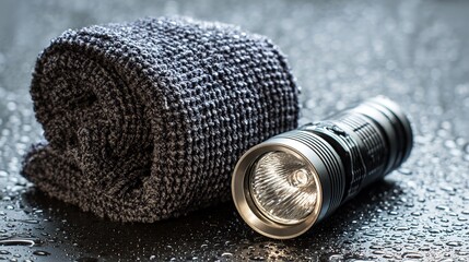 Japan Disaster Prevention Day: Textured Metallic Survival Blanket Neatly Folded Next to Minimalist Flashlight, Against a Cool Gray Background with Subtle Raindrop Effects, Embodying Calm and Resilienc