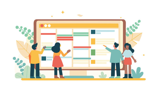 People collaborating on a large digital screen displaying project timeline and task management system