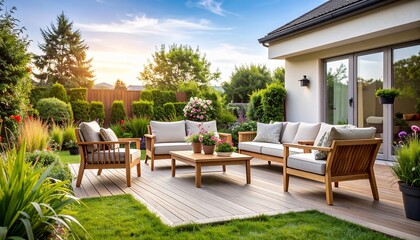 Serene Backyard Oasis: Luxurious Patio Furniture and Lush Greenery at Sunset
