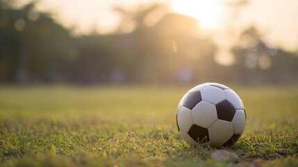 Fototapeta premium Golden Goal Moment: Soccer Ball on Lush Green Field, Highlighting Penalty Spot with Shallow Depth of Field Under Ethereal Golden Hour Glow