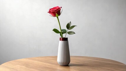 Red rose in white vase on wooden table against gray background - Powered by Adobe