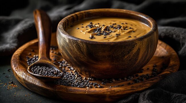Un bol de sauce au poivre dans une assiette en bois avec cuill&egrave;re et graines de cumin parsem&eacute;s, pos&eacute; sur une table avec nappe sombre accentuant le c&ocirc;t&eacute; chaleureux du plat culinaire, vue en gros plan.