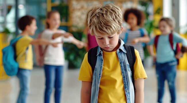 Un &eacute;l&egrave;ve triste, regardant le sol, les larmes aux yeux, ses camarades de classe se moquant du petit gar&ccedil;on, concept de harc&egrave;lement scolaire.