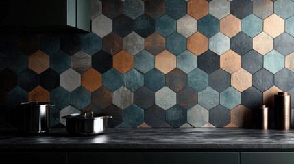 Modern kitchen with hexagonal tile backsplash, stainless steel pots, and a dark countertop