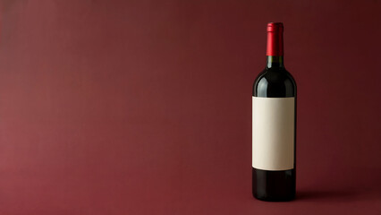A red wine bottle with a blank label on a maroon background in a studio setting with soft lighting