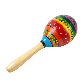 A single brightly painted wooden maraca for creating musical rhythms isolated on a transparent background png