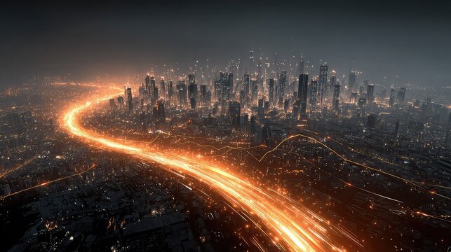 Smart city overlaid with financial trend lines and glowing data paths, representing urban digital finance expansion.