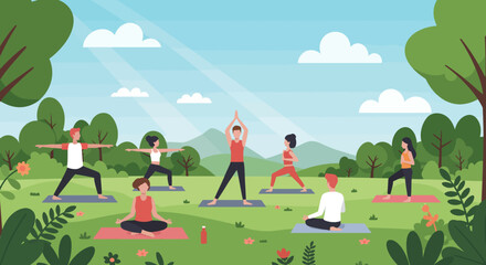 People practicing yoga in a park with trees mountains and clouds