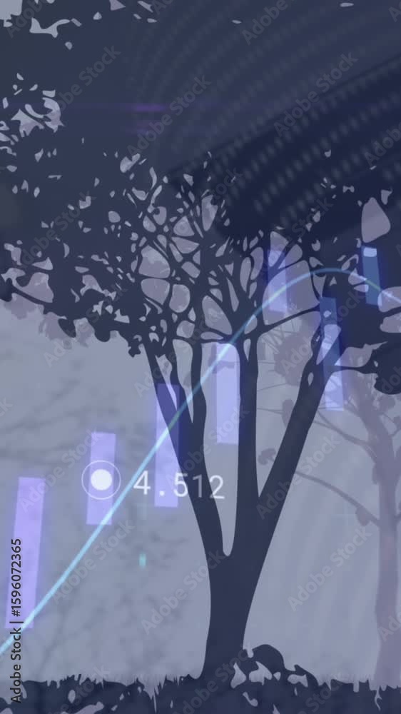 Poster animation of graphs with changing numbers and globe over trees in background