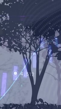 Animation of graphs with changing numbers and globe over trees in background