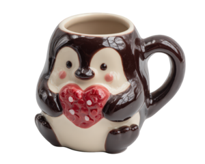 Penguin mug ceramic cute animal design holding red heart, whimsical kitchenware, playful coffee cup, cheerful gift, glossy finish, isolated transparency background