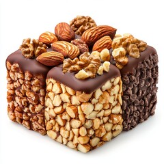 Close up of Four Chocolate Covered Nut Squares on White Background