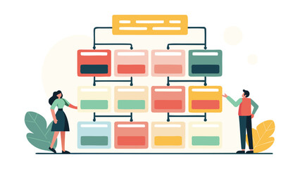 Illustration of hierarchical structure with people and colorful rectangular boxes