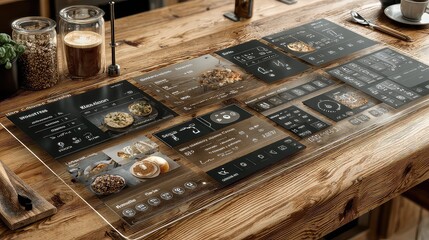 Smart kitchen dashboard with sleek augmented reality interface displaying recipe cards, nutrition metrics, appliance controls, and AI-powered home cooking and lifestyle automation tools.