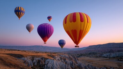 Fototapeta premium Hot air balloons floating over colorful landscape during sunrise festival