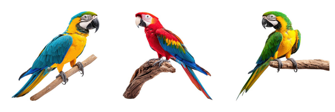 Colorful parrots perched on branches showcasing vibrant plumage