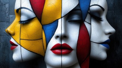 Abstract Portrait: A modern artwork featuring multifaceted faces with vibrant colors