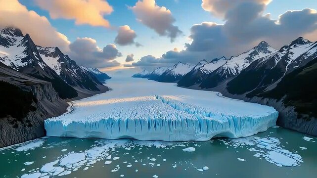 Explore the majestic glacier landscape: a breathtaking view of ice mountains and serene waterscape