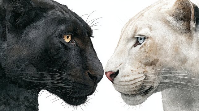 Black panther and white lioness facing each other with intense gaze on white background perfect for symbolic animal posters, wildlife contrasts, and power concept artworks