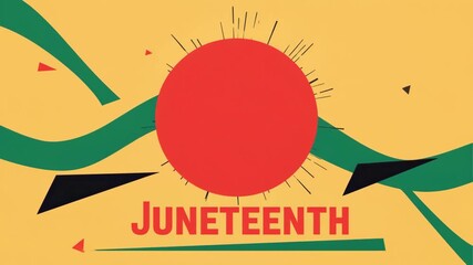 Colorful abstract background with flowing red, yellow, green, and black lines and bold "Juneteenth" text celebrating African American freedom and culture