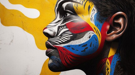 Striking artistic portrait of a woman's face adorned with vibrant colors and patterns