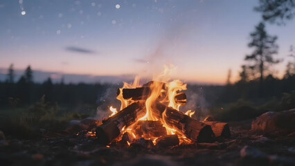 A warm campfire burns brightly against a twilight sky, surrounded by a serene forest setting.