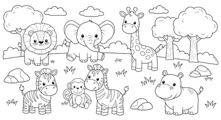 Black and white coloring page featuring cute cartoon African animals in a savanna setting coloring book illustration.