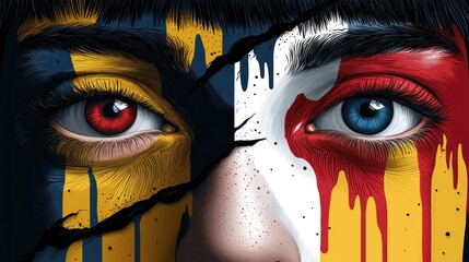 Intense gaze featuring contrasting colors symbolizing duality and emotion