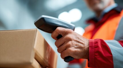 Close-up of hands scanning barcodes on parcels with handheld device in warehouse