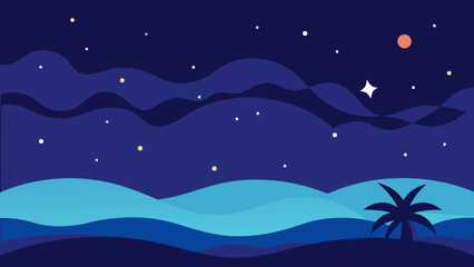 Twilight Sky with Stars and Moon Over Ocean