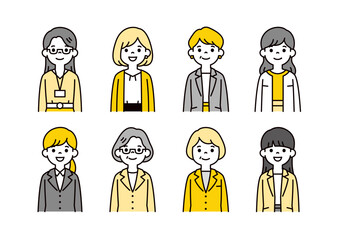 様々な年代のビジネスウーマンの、シンプルな上半身イラスト素材セット＿ベクター