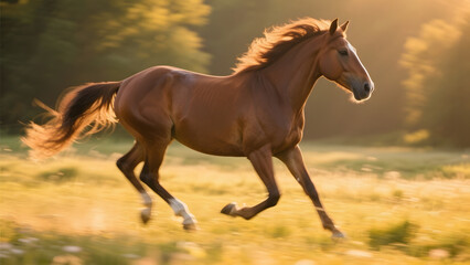Obraz premium A chestnut horse gallops gracefully across a sunlit meadow, its mane flowing freely.