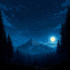 night in the woods with stars and the moon