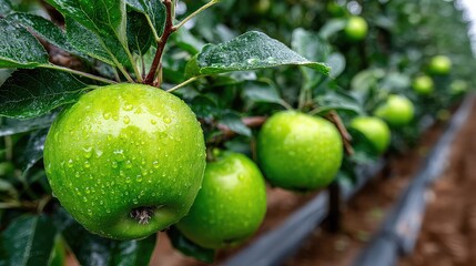 Smart orchard in agricultural lab uses IoT sensors and AI tools to monitor apple growth, showcasing the role of precision farming, agri-tech innovation, and real-time data-driven cultivation.