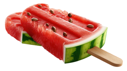 Refreshing Summer Popsicles: A mouthwatering image of two vibrant watermelon popsicles. A delicious treat with juicy red flesh and black seeds
