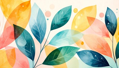 Obraz premium A vibrant watercolor painting featuring overlapping leaves in shades of blue, green, orange, and yellow with soft circular accents.