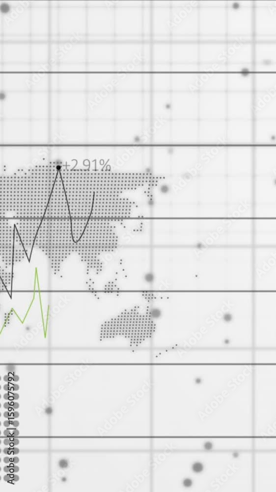 Poster animation of statistical data processing over world map and spinning globe against white background