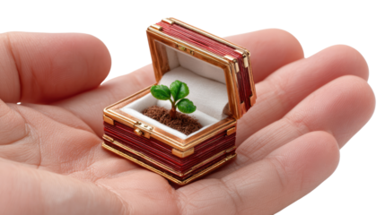 Growth in a Box: A tiny sprout of new life, nestled delicately in a miniature ornate box, is gently held in the palm of a hand, a poignant representation of potential and nurture.