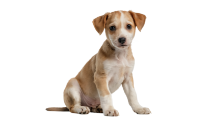A tan and white puppy sitting upright on a black background with its paws visible and alert eyes