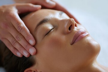 A person receiving a relaxing head massage in a spa, tranquil and peaceful. Wellness, pampering. Soft focus.