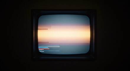 A vintage television screen displays static and distorted colors, suggesting a malfunction or lack of signal in a dimly lit room.