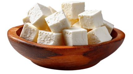 Paneer Cubes in Wooden Bowl: Fresh, pristine paneer cheese cubes beautifully arranged inside a rustic wooden bowl, offering a visual treat of culinary delight.