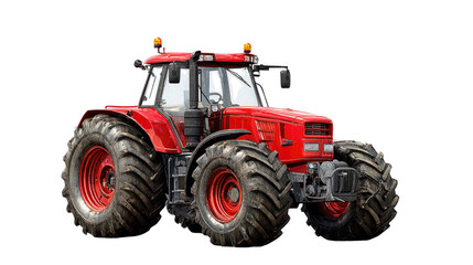 Obraz premium Powerful Red Tractor: A robust red tractor, a symbol of agricultural strength and efficiency, stands ready, showcasing its industrial design and formidable presence.