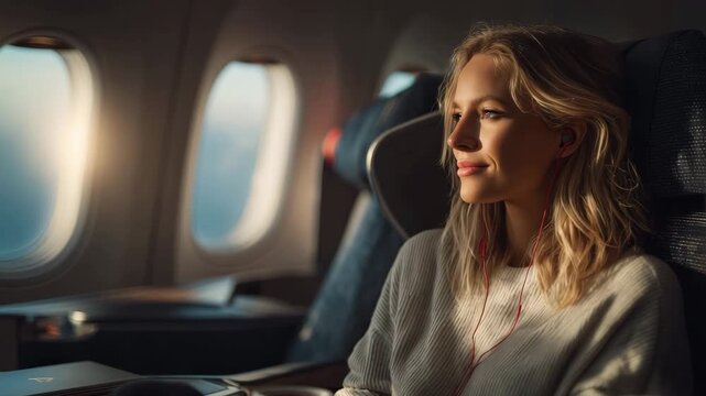 Tranquil First-Class Flight with Coffee and Sunset Sky Views