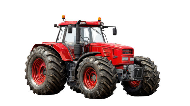 Powerful Red Tractor: A robust red tractor, a symbol of agricultural strength and efficiency, stands ready, showcasing its industrial design and formidable presence.