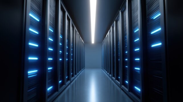 Server room with rows of glowing server racks, representing cloud computing and data storage. Infrastructure, powerful. Dark, blue light.
