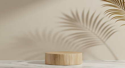 Elegant wooden display podium with palm leaf shadows, perfect for showcasing your products or branding in a minimalist aesthetic.
